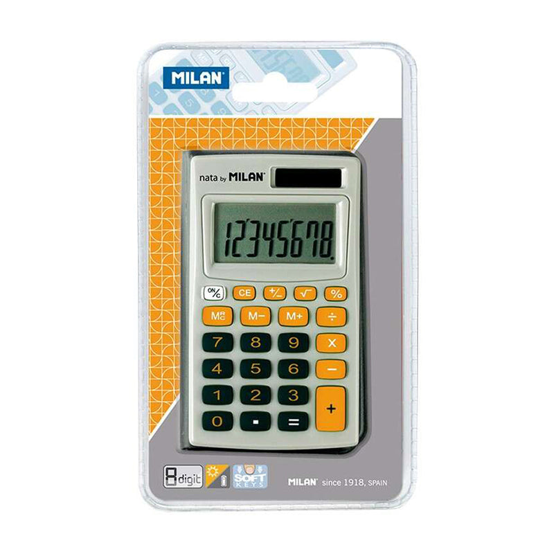 Milan Calculadora de Bolsillo 8 Digitos - 3 Teclas de Memoria y Raiz Cuadrada - Apagado Automatico - Incluye Funda - Color Gris y Naranja