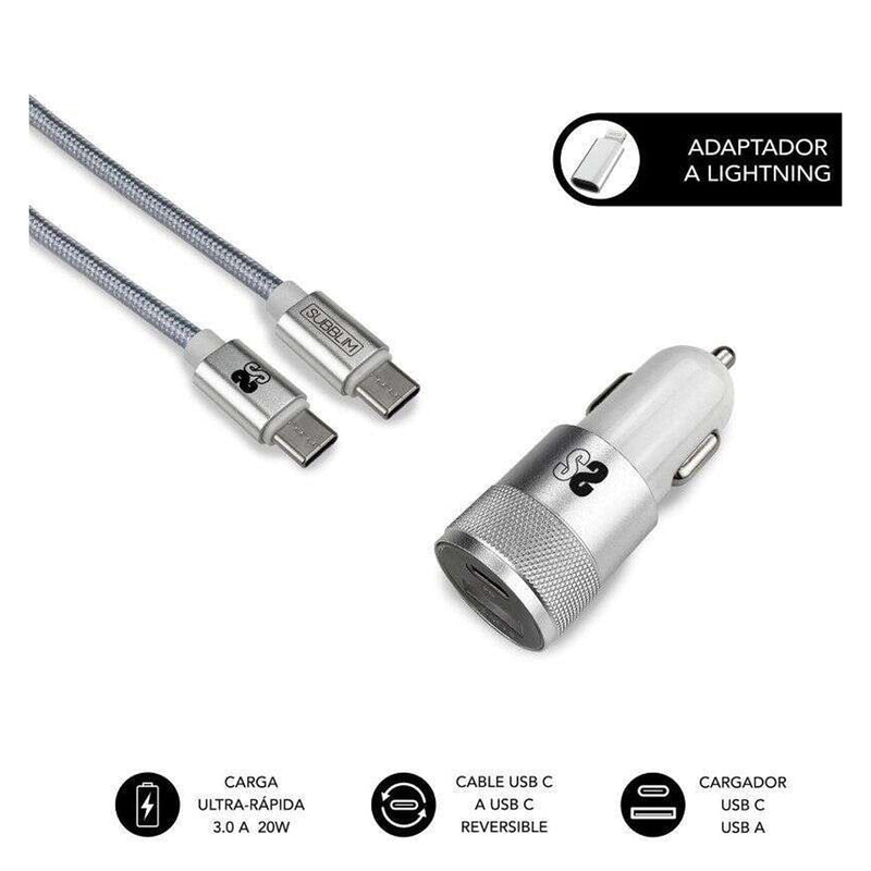 Subblim Cargador Coche Dual PD20W+QC3.0+C to C/Lightning cable - 20W - Carga rápida simultánea - Cable USB C reversible - Color Plata