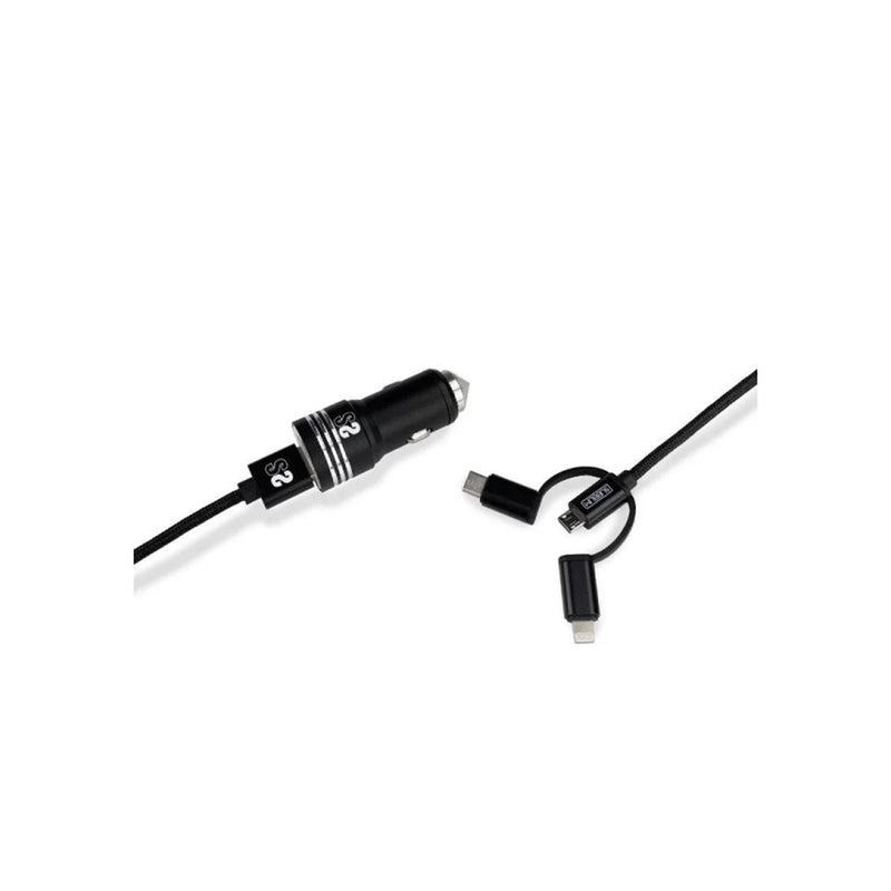 Subblim Cargador de coche doble USB - Longitud 1m - Carga rápida hasta 2.400Amp/12W - Exterior de fibra de nailon resistente - Color Negro