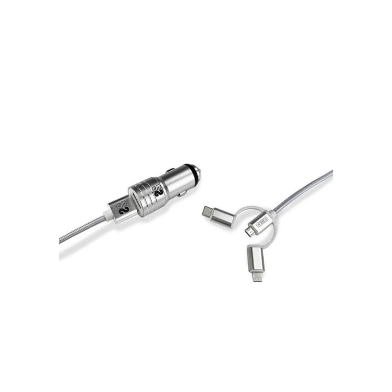 Subblim Cargador de coche doble USB - Longitud 1m - Carga rápida hasta 2.400Amp/12W - Exterior de fibra de nailon resistente - Color Plata