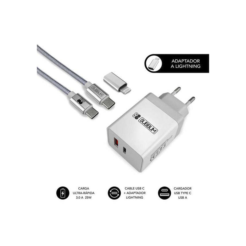Subblim Cargador de Pared 25W - 2 Puertos (USB C + USB A) - Carga ultra rápida - Cable USB C de altas prestaciones - Exterior de fibra de nailon - Longitud 1m - Color Blanco
