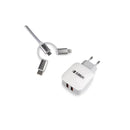 Subblim Cargador de pared dual - 1m - Exterior de nylon resistente y flexible - Conectores de aluminio - Carga rápida y simultánea de dos dispositivos - Color Blanco