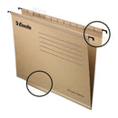 Esselte Classic Pack de 50 Carpetas Colgantes Reforzadas Folio Prolongado - Visores de Plastico Transparente - Etiquetas Blancas - 100% Carton Kraft Reciclado - Color Marron Kraft