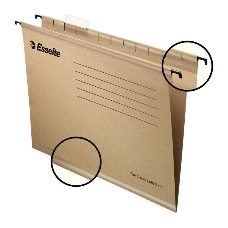 Esselte Classic Pack de 50 Carpetas Colgantes Reforzadas Folio Prolongado - Visores de Plastico Transparente - Etiquetas Blancas - 100% Carton Kraft Reciclado - Color Marron Kraft