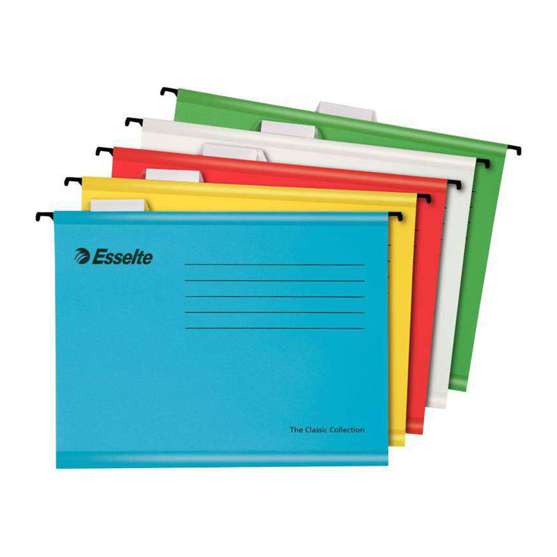 Esselte Classic Pack de 10 Carpetas Colgantes Reforzadas A4 - Visores de Plastico Transparente - Etiquetas Blancas - 100% Carton Kraft Reciclado - Colores Surtidos