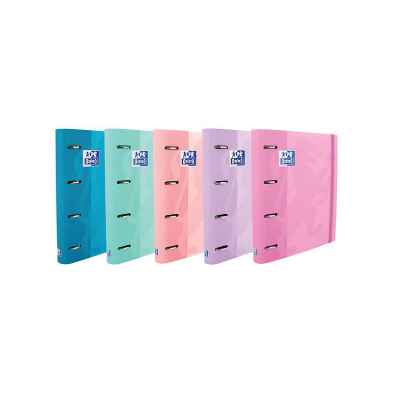 Oxford Europeanbinder Touch Carpeta de 4 Anillas Formato A4+ con Recambio Cuadriculado 5x5mm y 4 Taladros - Tapa Tacto Suave - Cierre con Goma Elastica - Colores Surtidos Pastel