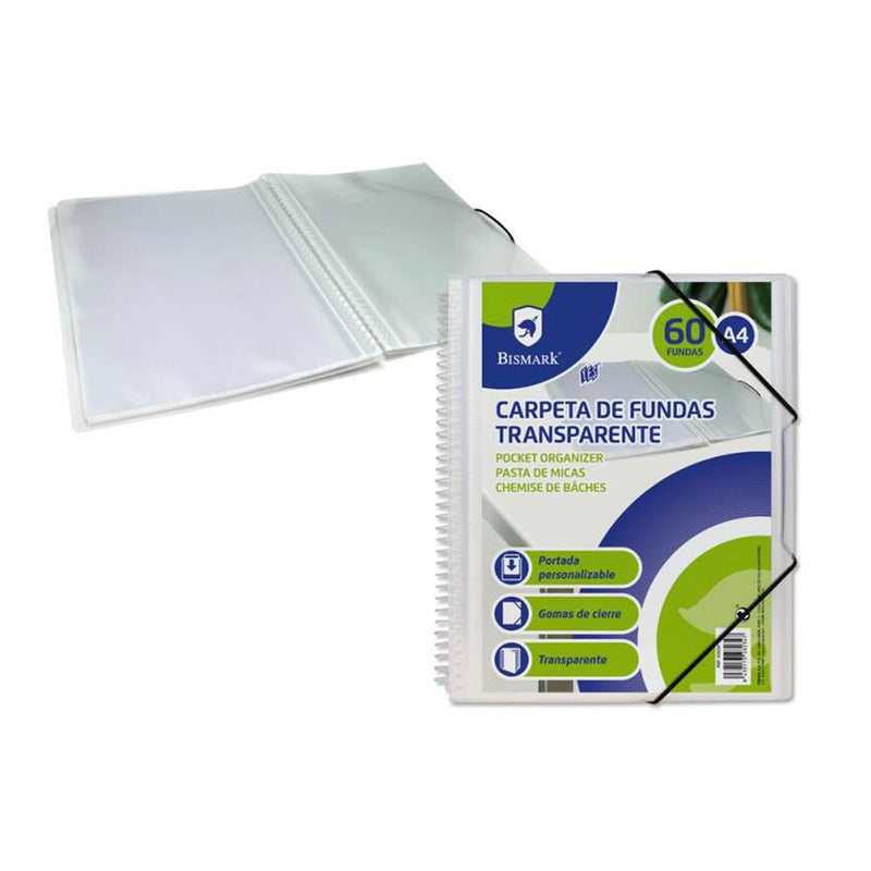 Bismark Carpeta Espiral con 60 Fundas Transparentes A4 - Polipropileno - Portada Personalizable - Espiral Plastica Indeformable - Apertura 360 Grados - Gomas de Cierre