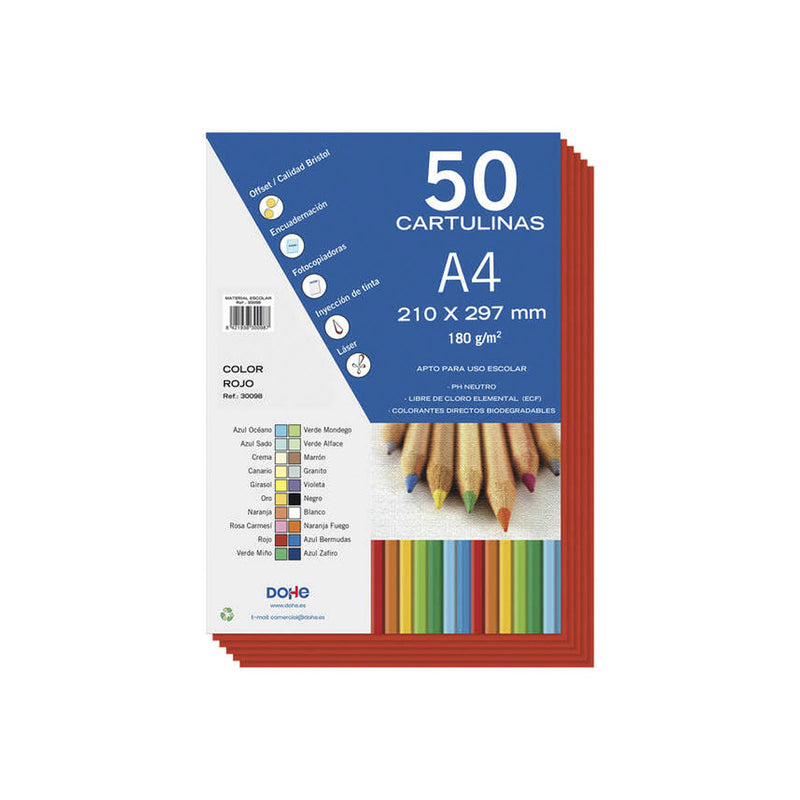 Dohe Pack de 50 Cartulinas A4 de 180gr - Con PH Neutro - Libres de Cloro Elemental - Color Rojo