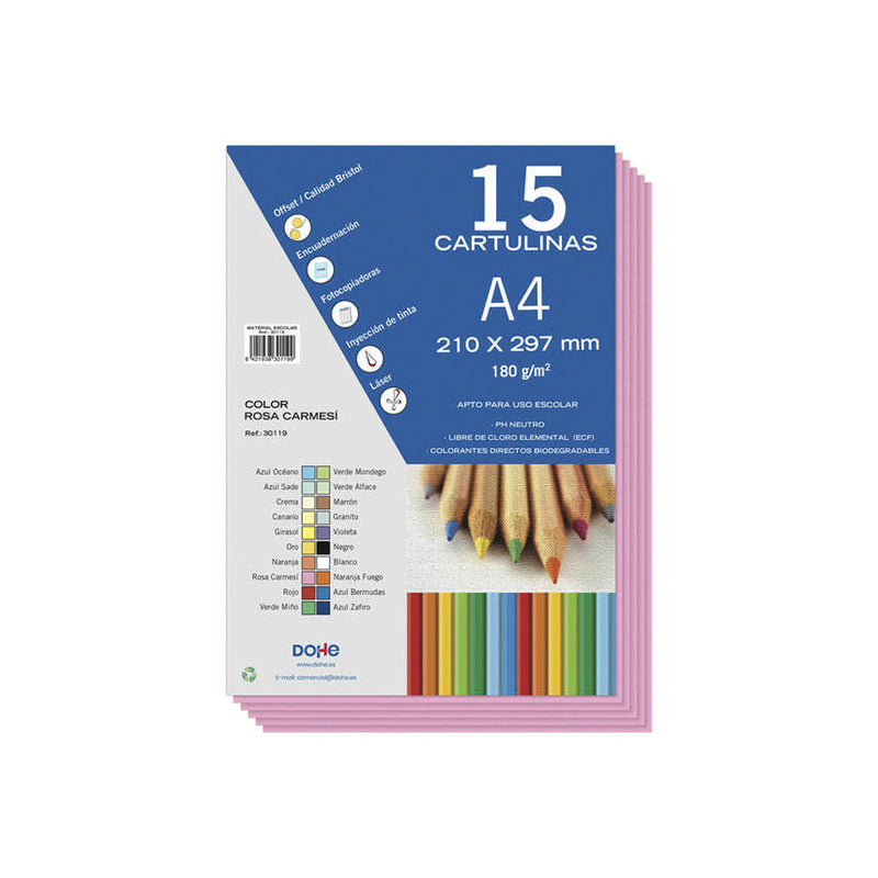 Dohe Pack de 15 Cartulinas A4 de 180gr - Con PH Neutro - Libres de Cloro Elemental - Color Rosa