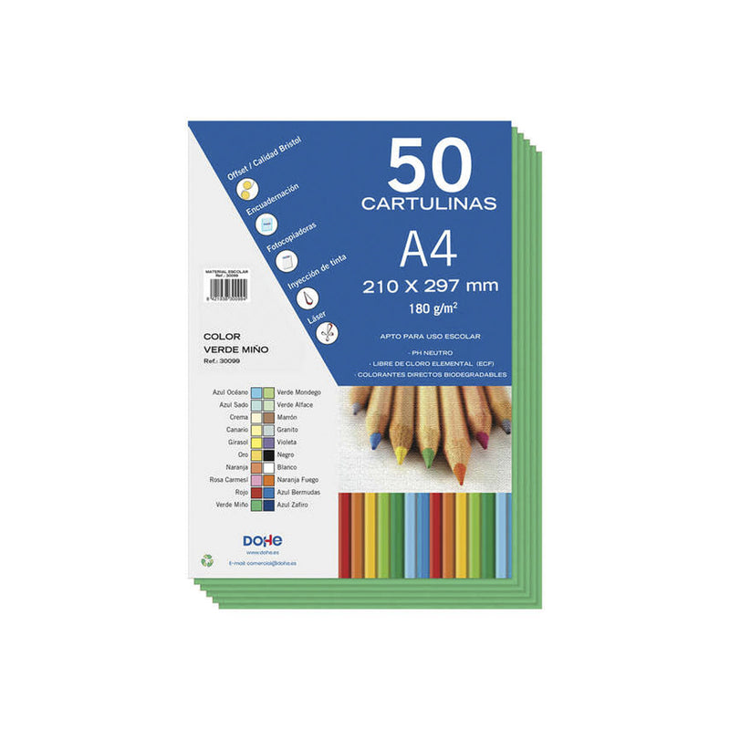 Dohe Pack de 50 Cartulinas A4 de 180g/m2 - PH Neutro - Libres de Cloro Elemental - Colorantes Biodegradables - Color Verde Miño