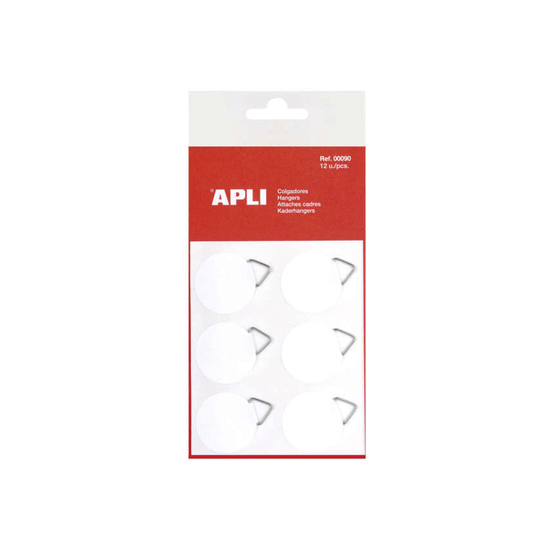 Apli Pack de 12 Colgadores Autoadhesivos Redondos Ø 30mm - Triangulo Metalico de Soporte - Base Adhesiva Blanca - Gran Resistencia - Ideal para Fotos, Calendarios y Posteres (10 unidades)