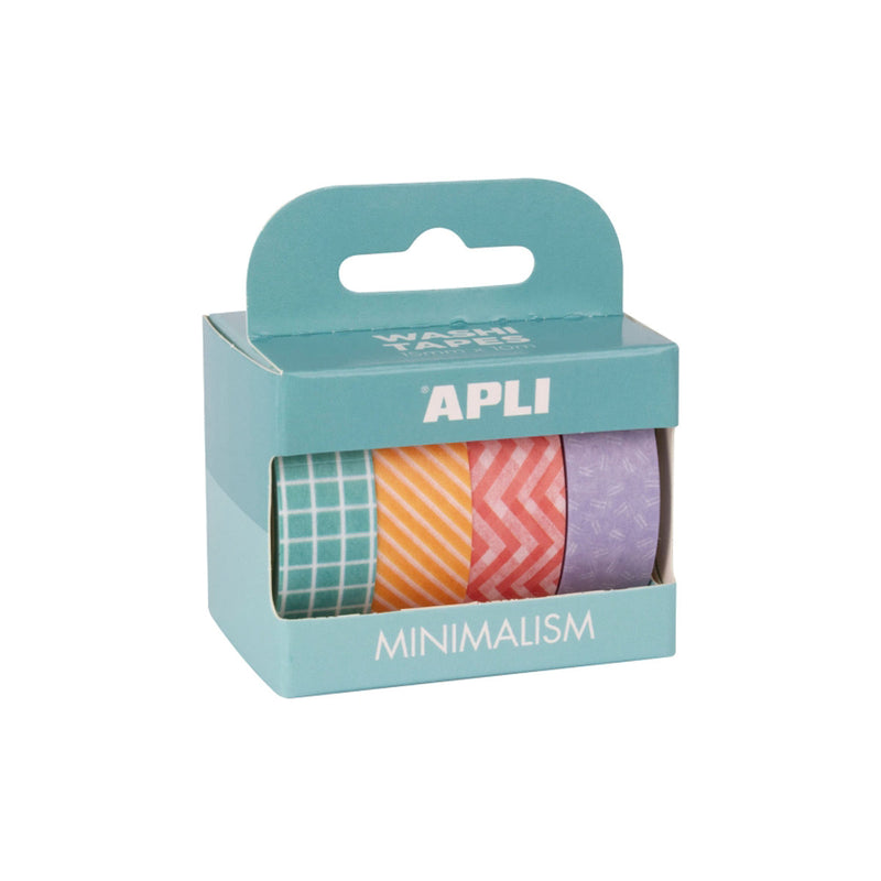 Apli Minimalism Pack con 4 Cintas Adhesivas de Papel Washi 15mmx10m - 4 Diseños Diferentes - Decoracion y Manualidades