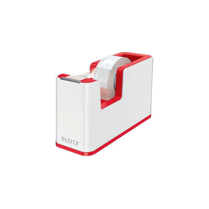 Leitz WOW Dispensador de Cinta Adhesiva - Para Rollos de hasta 19mm x 33m - Incluye Cinta Autoadhesiva Escribible - Color Blanco/Rojo