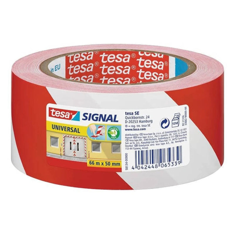 Tesa Cinta Adhesiva de Señalizacion 50mm x 66m - Ideal para Señalizar Obstaculos Permanentes - Adhesivo sin disolventes - Color Rojo/Blanco