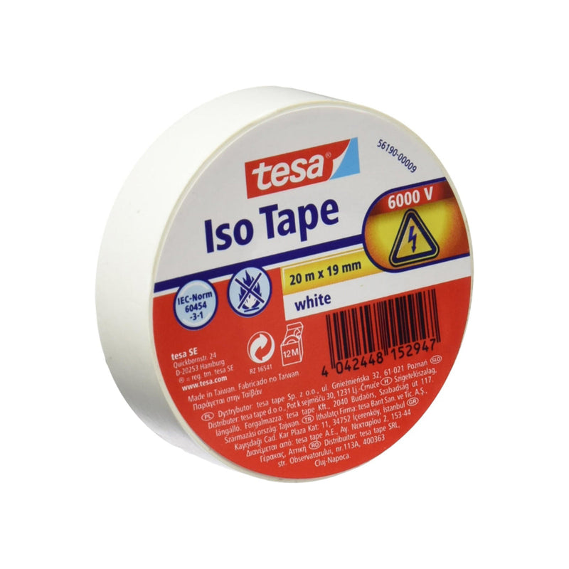 Tesa Cinta Aislante 19mm x 20m - Fabricada en PVC - Para Reparar, Aislar y Agrupar todo tipo de Cables Electricos - Color Blanco