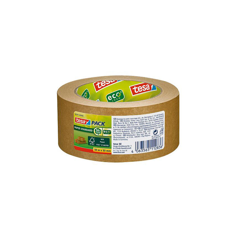 Tesa Tesapack Paper Standard Cinta Adhesiva de Papel 50mmx50m - Hecho con 56% de Materiales Biodegradables - Papel Procedente de Bosques Certificados FSCTM - Color Marron