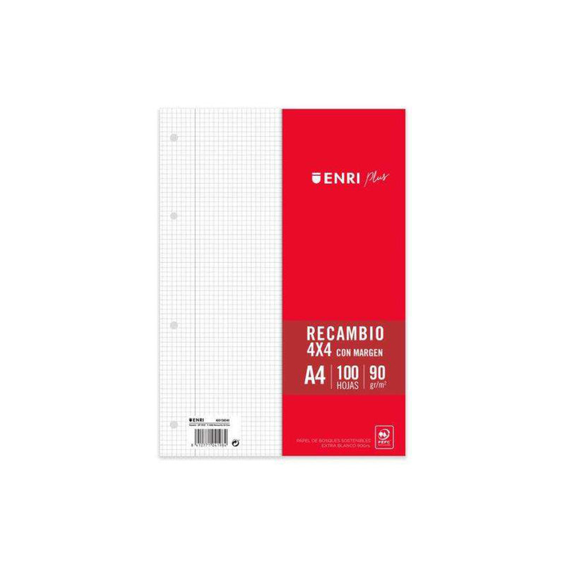 Enri Plus Recambio Formato A4 - Cuadriculado 4x4mm 4 Taladros - 100 Hojas 90gr con Margen