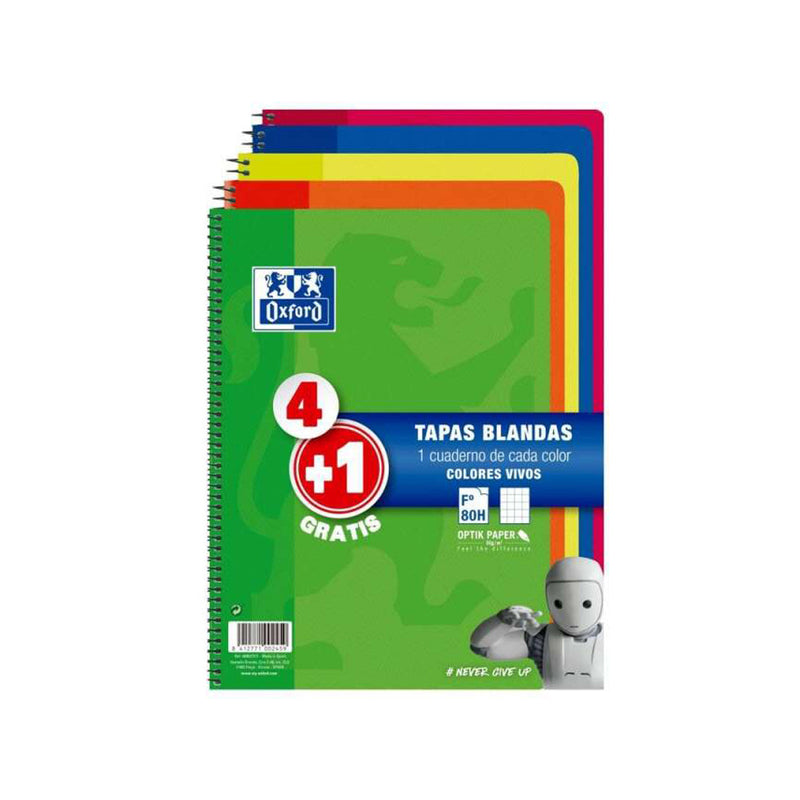 Oxford Pack 4+1 Cuadernos Espiral Formato Folio Cuadriculado 4x4mm - 80 Hojas - Tapa Blanda - Colores Surtidos
