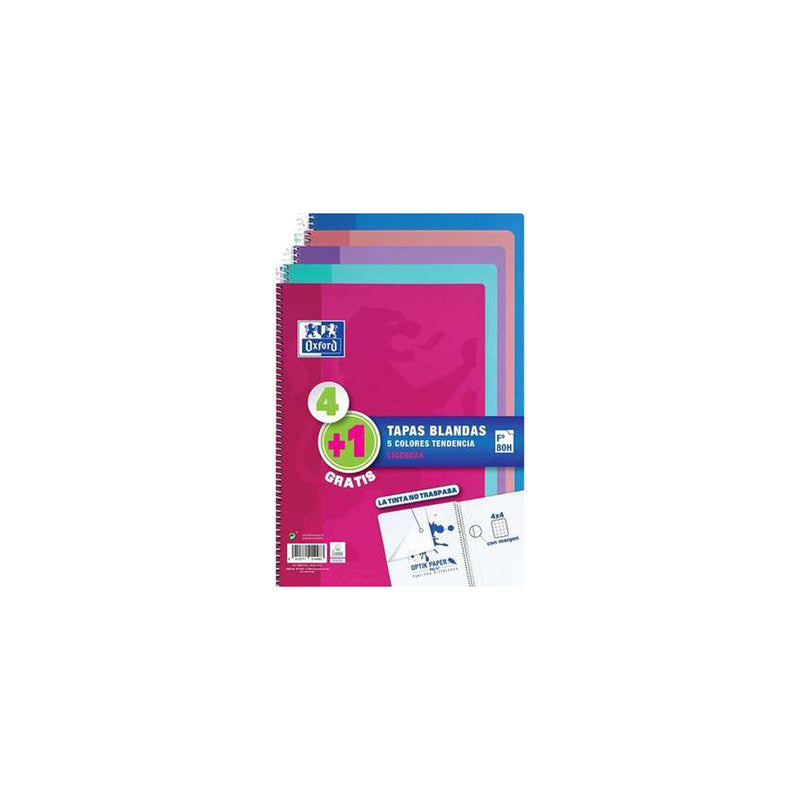 Oxford Pack 4+1 Cuadernos Espiral Formato Folio Cuadriculado 4x4mm - 80 Hojas - Tapa Blanda - Colores Tendencia Surtidos