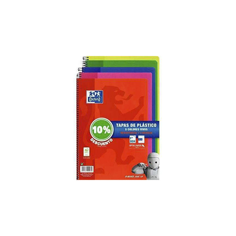 Oxford Classic Pack de 5 Cuadernos Espiral Formato Folio Cuadriculado 4x4mm - 80 Hojas - Tapa de Plastico - Colores Vivos Surtidos