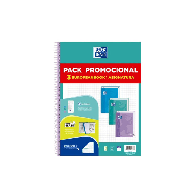 Oxford Europeanbook 1 Touch Pack de 3 Cuadernos Espiral Formato A4+ Cuadriculado 5x5mm - 80 Hojas 90gr - Tapa Extradura Tacto Suave - Recuadro de Color - Colores Pastel Surtidos