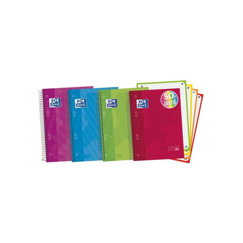 Oxford Europeanbook 4 Cuaderno Espiral Formato A5+ Cuadriculado 5x5mm - 120 Hojas 90gr - Tapa Extradura acabado Brillante - 4 Bandas de Color - Colores Surtidos