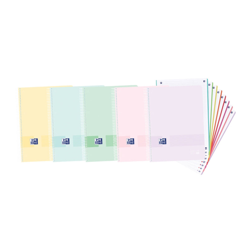 Oxford Europeanbook 8 Live & Go Cuaderno Espiral Formato A4+ Cuadriculado 5x5mm - 160 Hojas Microperforadas con 4 Taladros - Tapa de Plastico - 8 Bandas de Color - Colores Pastel Surtidos