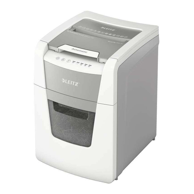 Leitz IQ 100 Autofeed P4 Destructora Automatica de Papel Corte en Particulas P-4 - Autoalimentacion 100 Hojas, Manual 8 Hojas - Capacidad de la Papelera de 34L - Color Blanco/Gris