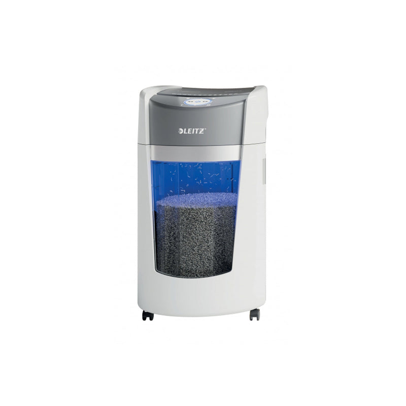 Leitz IQ OptiMax Office Destructora de Papel Manual DIN P5 - Destruye hasta 10 Hojas - Tiempo de Funcionamiento Continuo 120m - Papelera de 35L con Tecnologia de Giro - Color Blanco/Gris