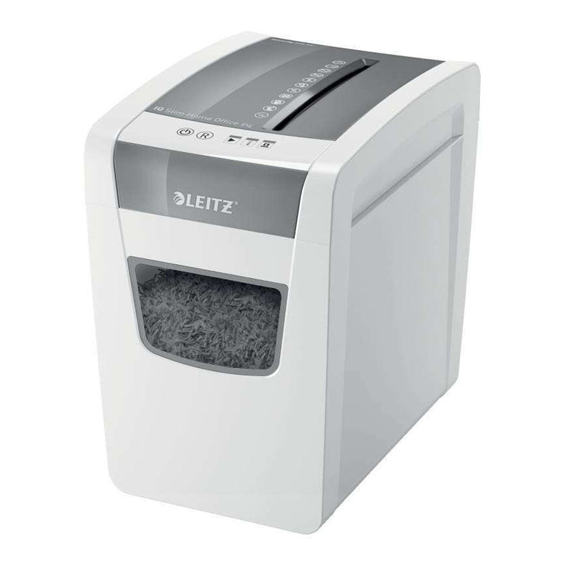Leitz IQ Slim Home Office P4 Destructora de Papel Corte Confeti P-4 - Destruye hasta 10 Hojas a la Vez - Capacidad de la Papelera 23L - Silenciosa y Estilizada - Color Blanco/Gris
