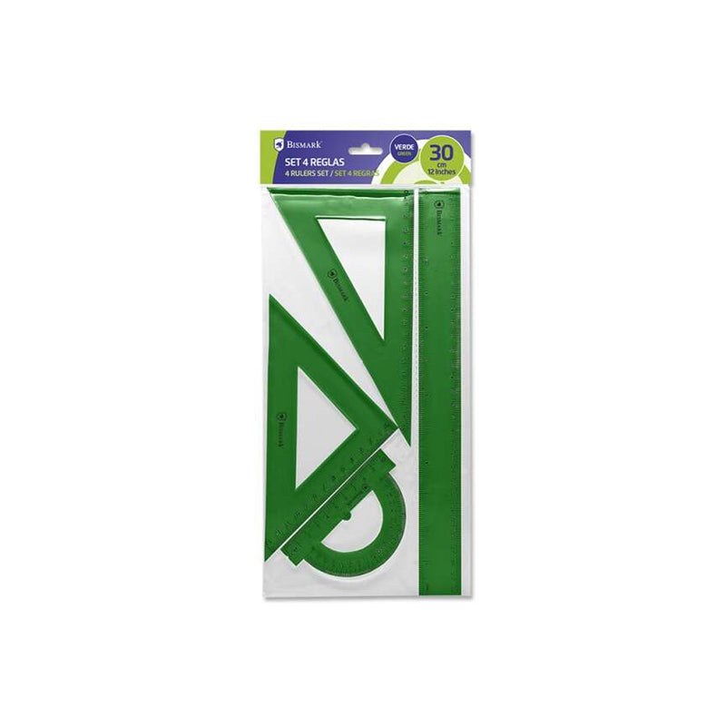 Bismark Pack de 4 Reglas de Alta Calidad - Incluye Regla 30cm, Escuadra 14cm, Cartabon 20cm y Transportador 13cm - Ideal para el Colegio - Color Verde