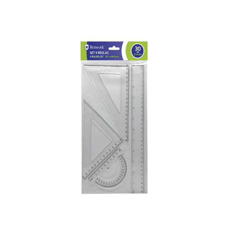 Bismark Quality Pack de 4 Reglas para Dibujo - Incluye Regla 30cm, Escuadra 13cm, Cartabon 18cm y Transportador 10cm - Graduados y Biselados - Ideal para el Colegio - Transparentes