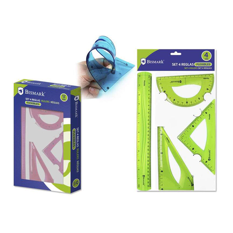 Bismark Pack de 4 Reglas Flexibles - Regla Recta - Transportador - Escuadra - Cartabon - Colores Surtidos