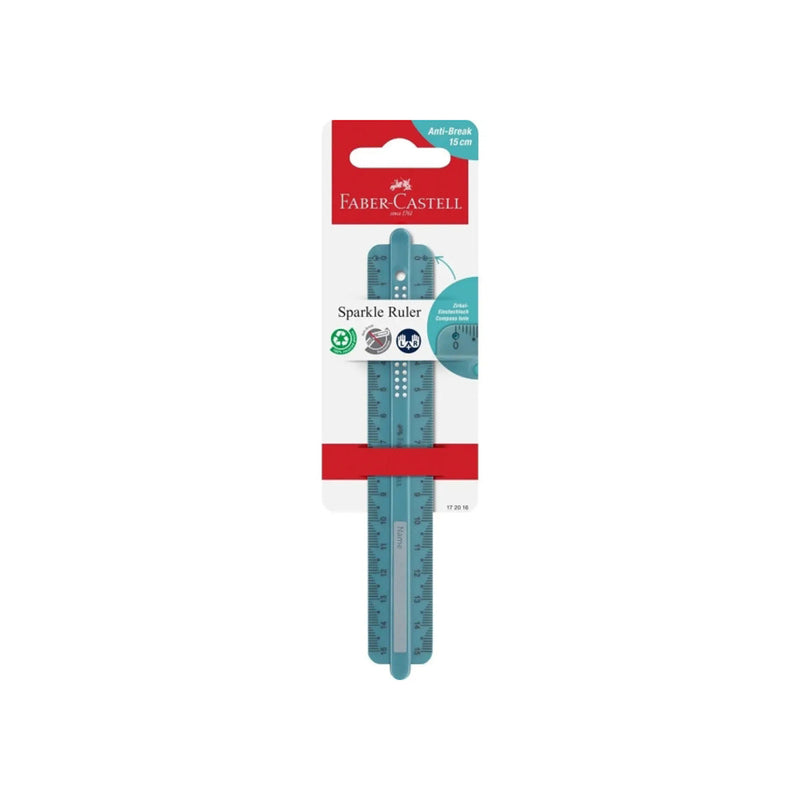 Faber-Castell Sparkle Regla Recta 15cm - Panel para Nombre - Escalas para Zurdos y Diestros - Color Verde Oceano