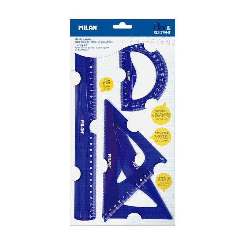Milan Pack de 4 Reglas Flexibles y Resistentes - Regla, Escuadra, Cartabon y Transportador - Color Azul