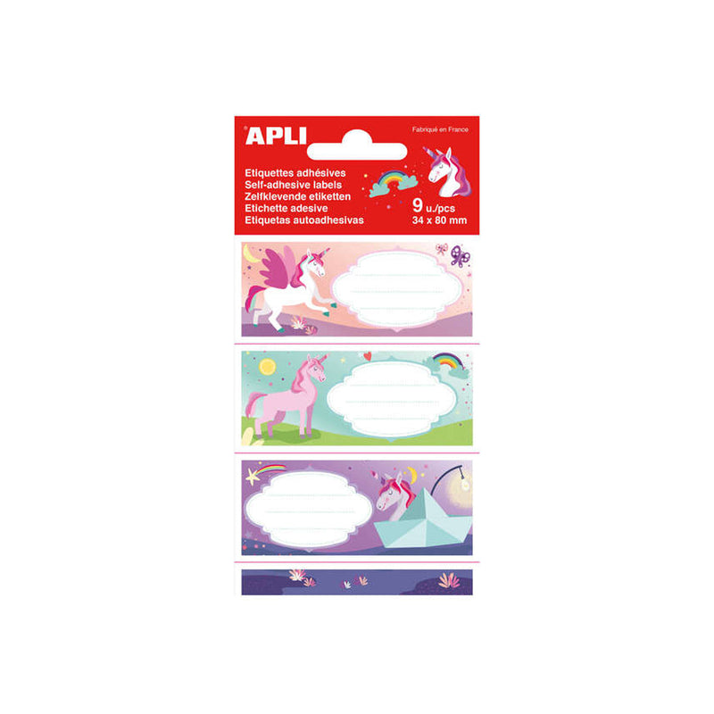 Apli Etiquetas Adhesivas Escolares Unicornios - Tamaño 81x36mm - 9 Etiquetas (3 por Diseño) - Adhesivo Permanente de Alta Calidad - Ideal para Marcar e Identificar Libros, Cuadernos, Carpetas, Etc - Color Multicolor