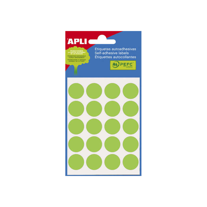 Apli Minibolsa de 100 Etiquetas Redondas Ø 19mm - 5 Hojas por 20 Etiquetas - Adhesivo Permanente - Aptas para Escritura con Lapiz, Boligrafo y Rotulador - Color Verde