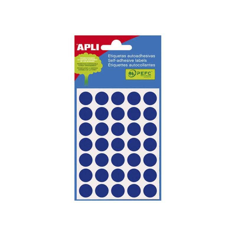 Apli Minibolsa de 175 Etiquetas Redondas Ø 13.0mm - 5 Hojas por 35 Etiquetas - Adhesivo Permanente - Aptas para Escritura con Lapiz, Boligrafo y Rotulador - Color Azul