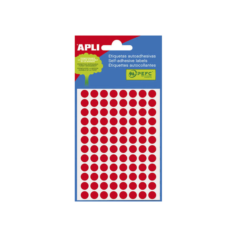 Apli Minibolsa de 288 Etiquetas Redondas Ø 8mm - 3 Hojas por 96 Etiquetas - Adhesivo Permanente - Color Rojo Fluor