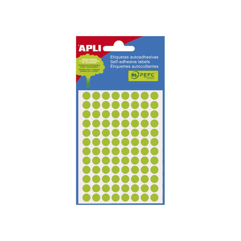 Apli Minibolsa de 288 Etiquetas Redondas Ø 8mm - 3 Hojas por 96 Etiquetas - Adhesivo Permanente - Color Verde Fluor
