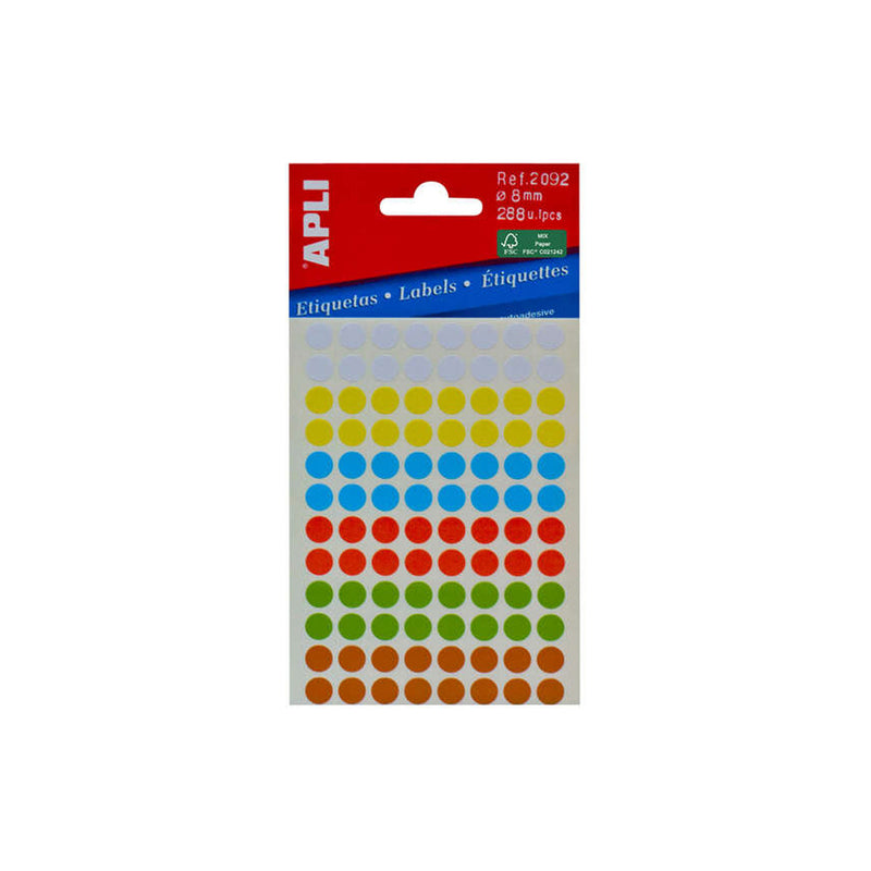 Apli Minibolsa de 288 Etiquetas Redondas Ø 8mm - 3 Hojas por 96 Etiquetas - Adhesivo Permanente - Colores Surtidos