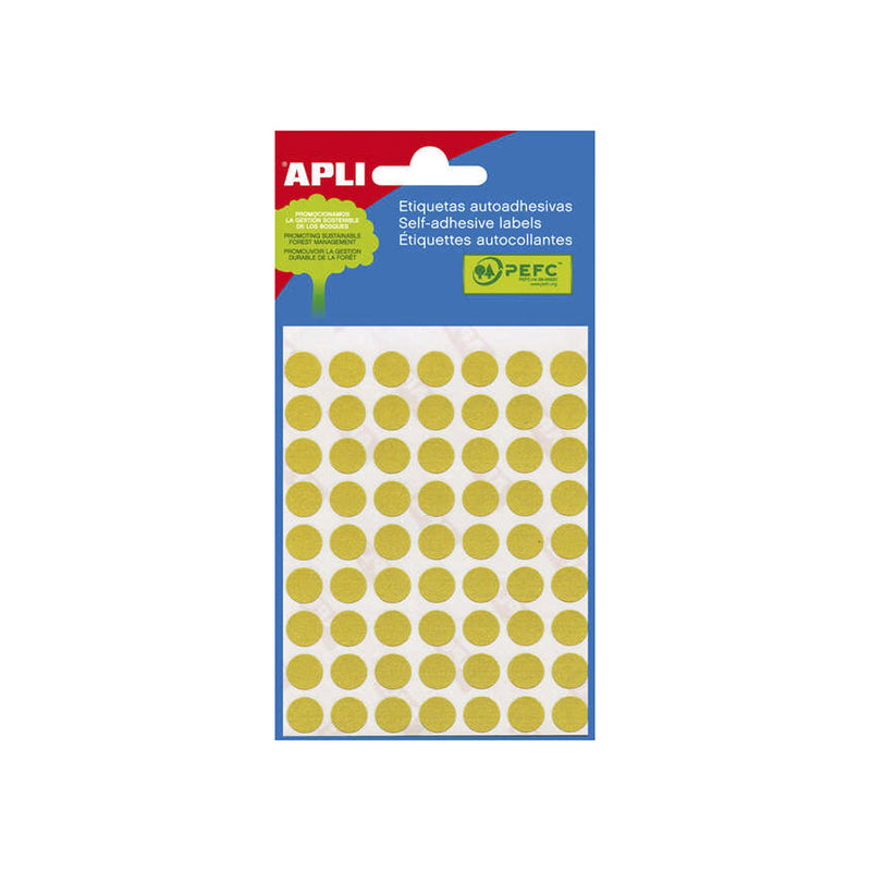 Apli Minibolsa de 315 Etiquetas Redondas Ø 10mm - 5 Hojas por 63 Etiquetas - Adhesivo Permanente - Aptas para Escritura con Lapiz, Boligrafo y Rotulador - Color Amarillo