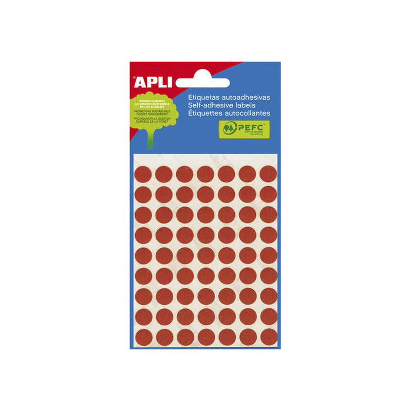 Apli Minibolsa de 315 Etiquetas Redondas Ø 10mm - 5 Hojas por 63 Etiquetas - Adhesivo Permanente - Color Rojo