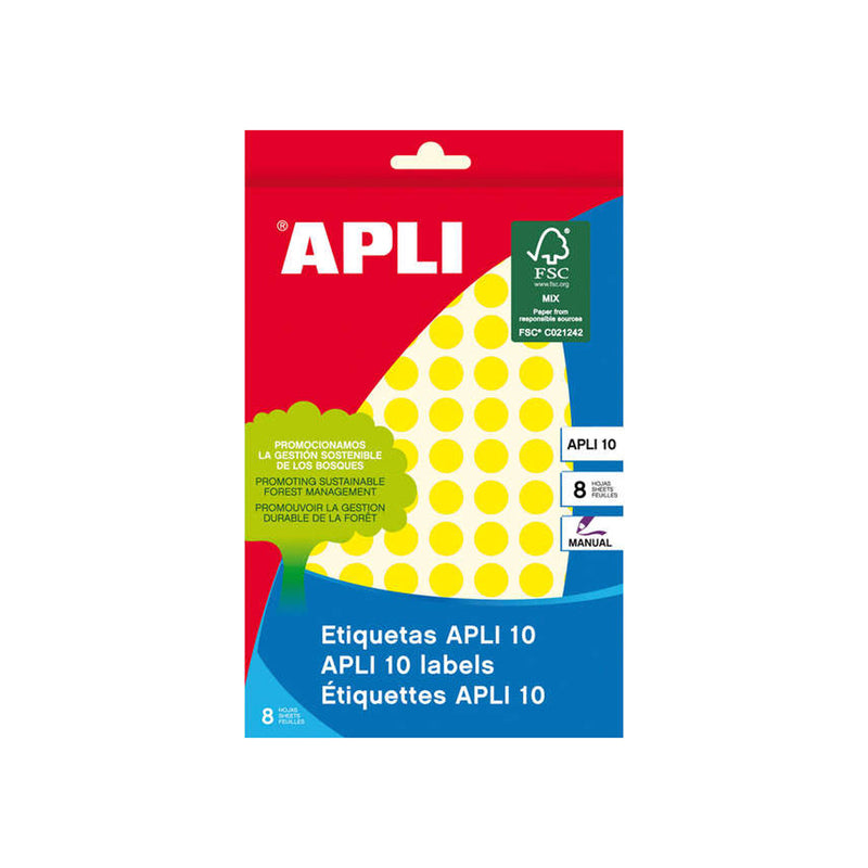Apli Pack de 1.008 Etiquetas Redondas Ø 10mm - 8 Hojas por 126 Etiquetas - Adhesivo permanente - Aptas para Escritura Manual - Color Amarillo