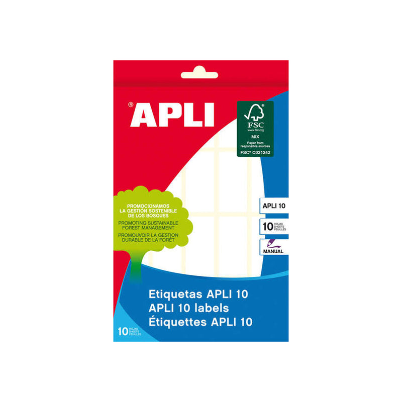 Apli Pack de 200 Etiquetas Rectangulares 19x40mm - 10 Hojas por 20 Etiquetas - Adhesivo Permanente - Cantos Romos - Ideal para Escribir sobre Ellas - Color Blanco