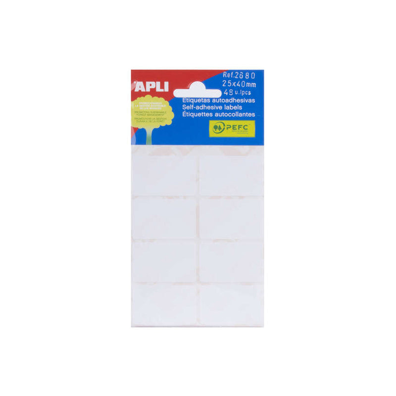 Apli Pack de 48 Etiquetas Rectangulares 25x40mm - 6 Hojas por 8 Etiquetas - Adhesivo Permanente - Cantos Romos - Aptas para Escritura Manual - Color Blanco