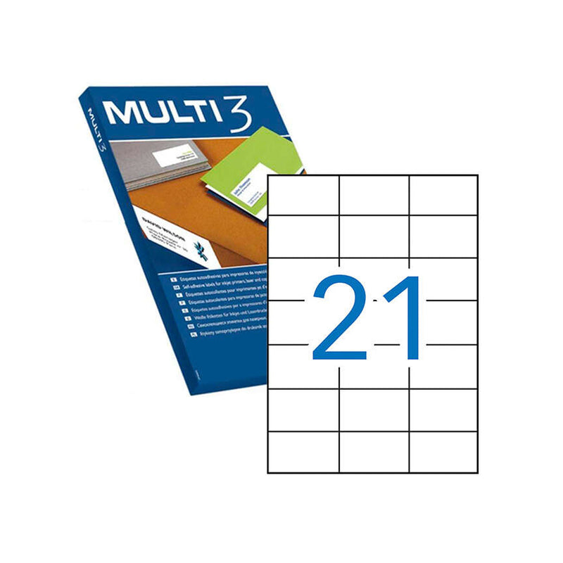 Multi3 Pack de 10.500 Etiquetas Blancas Cantos Rectos Tamaño 70.0X42.4mm con Adhesivo Permanente para Multiples Usos