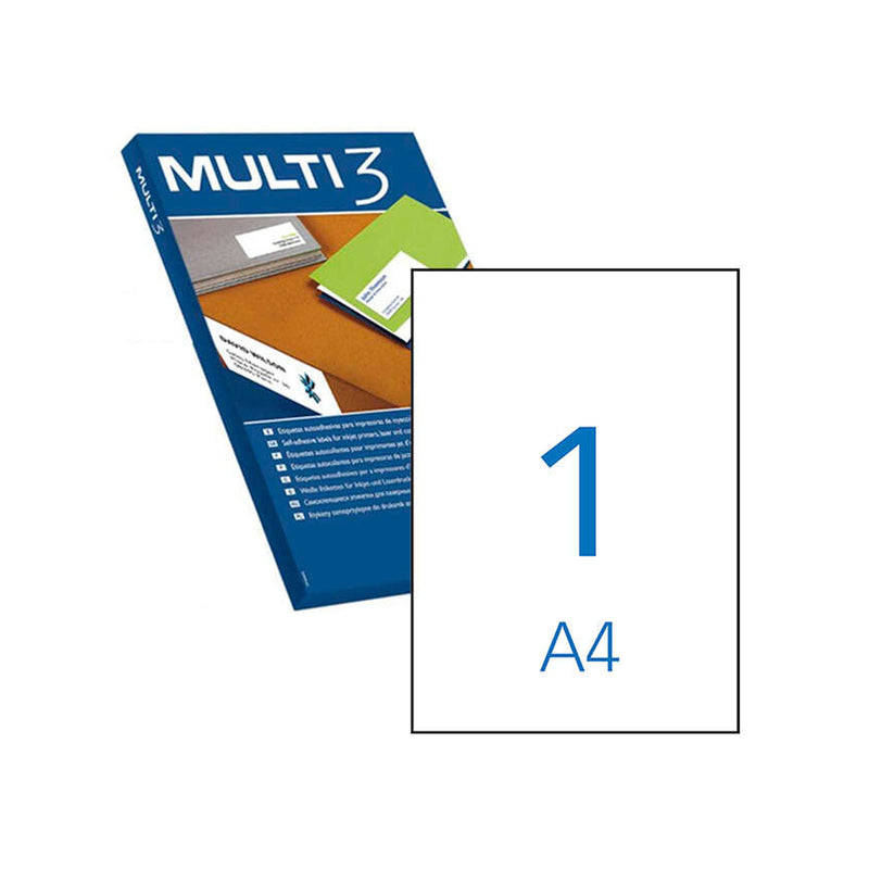 Multi3 Pack de 100 Etiquetas Blancas Cantos Rectos Tamaño 210.0X297.0mm con Adhesivo Permanente para Multiples Usos