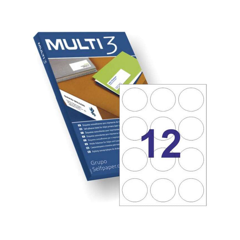 Multi3 Pack de 1200 Etiquetas Redondas 60mm de Diametro - 100 Hojas x 12 Etiquetas - Aptas para Imprimir Laser y Tinta - Color Blanco