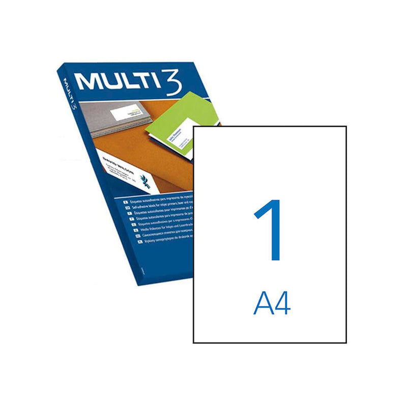 Multi3 Pack de 500 Etiquetas Blancas Cantos Rectos Tamaño 210.0X297.0mm con Adhesivo Permanente para Multiples Usos